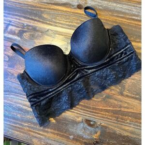 Adore Me Black Lace Longline Underwire Bra Velvet Trim 36C